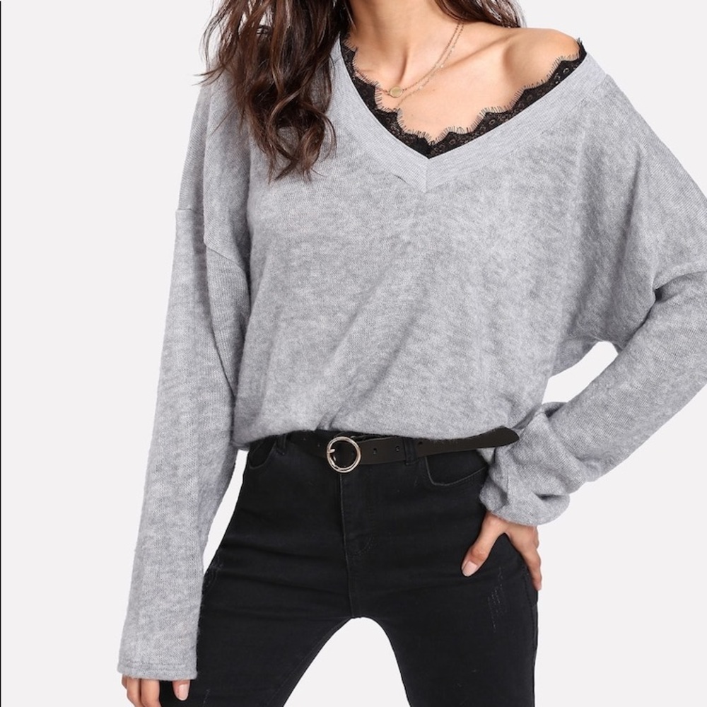 Lace trim v neck sweater gray black - Picture 3 of 4